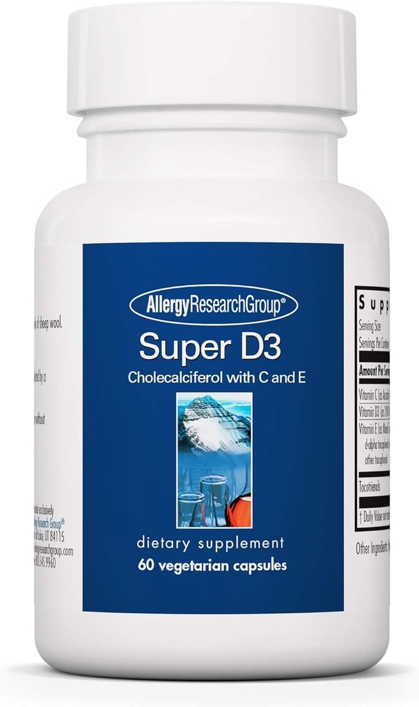 Alergia Research Group Super D3 Suplement diety - Bone & Immune Support, Cholecalciferol z C & E, Kapsułki wegetariańskie, Gluten Free - 60 Count