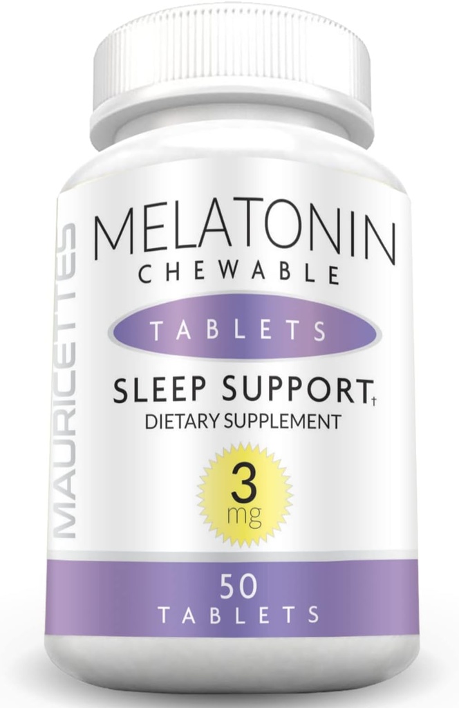Mauricette Natural Melatonin 3 mg tabletki do rozgryzania i żucia - Szybkie aktorstwo 3 mg tabletki do spania dla dzieci, młodzieży i dorosłych, niearomatyczne, nie addytywne, rozpuszczalne pomocy na sen, 50 Chewables