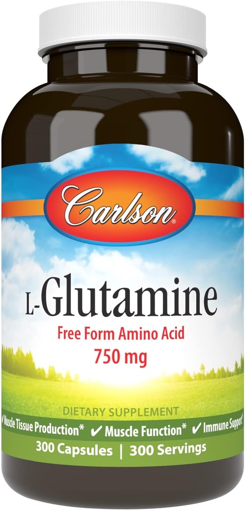 Carlson - L- glutamina, Free- Form Amino Acid, 750 mg, Produkcja tkanki mięśniowej, 300 kapsułki