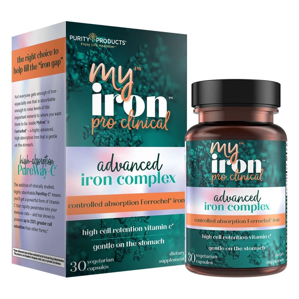 MyIron ProClinical by Property Products - Żelazo (Żelaza bisglicynian) + Witamina C (PureWay- C) - Delikatność w żołądku - Kontrolowane wchłanianie - Promotes Healthy Red Blood Cells - 30 Count (1)