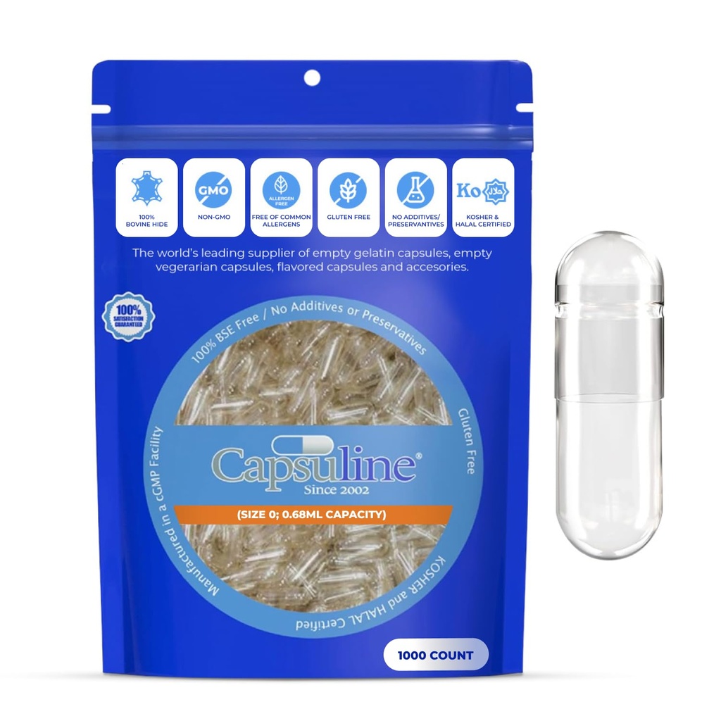 Capsuline Size 0 Puste kapsułki żelatynowe, przezroczyste - 1000 Hrabia 124; Gluten Free, Kosher, Non-GMO Certified Size 124; Pure Bovine Pill Caps for DIY Supplement Filling - 1000
