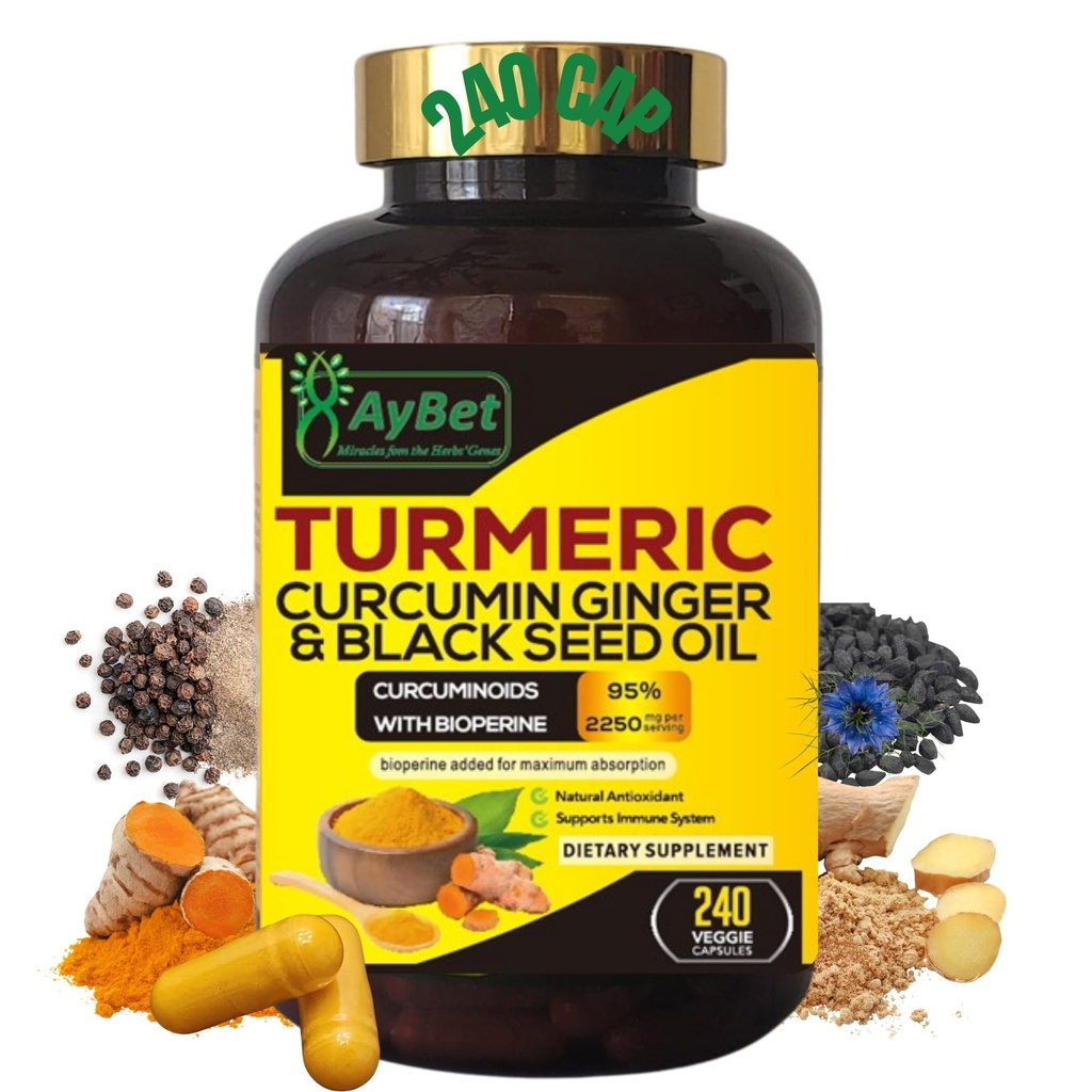 World 1st.Turmeric Curcumin Ginger & Black Seed Oil, 240 Czapki, 2250mg, 95% Kurkuminoidy, BioPerin Added, Dodatkowa siła, Organiczny, Halal, Wegan, Wsparcie układu immunologicznego, Przeciwutleniacz, Wspólne wsparcie