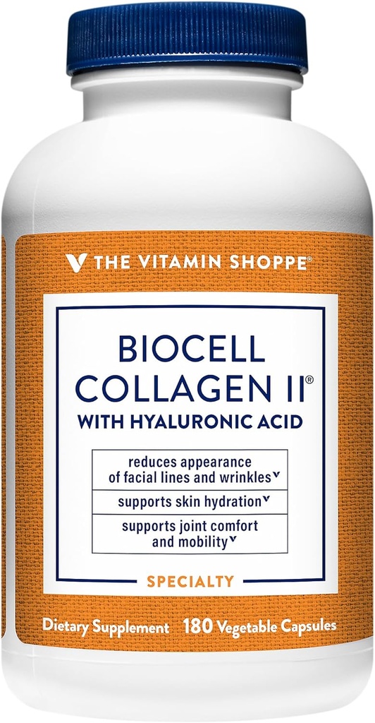 Witamina Shoppe Biocell Collagen II z kwasem hialuronowym 1000mg - Promuje zdrową skórę, łączniki i chrząstki - Wspiera nawadnianie i elastyczność - do codziennego Wellness (60 Kapsułki warzyw)