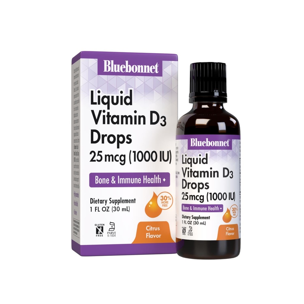 Witamina BlueBonnet D3 1000 j.m. 25mcg Silne kości i suplement wsparcia immunologicznego - Witaminy płynne dla kobiet i mężczyzn - Lanolin VIT D Drops with MCT Oil - Non-GMO, Wegetarianin - Citrus Flavor - 1 Fl Oz