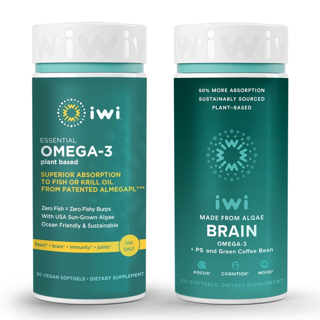 Iwi Omega-3 Essential & Brain Omega-3 Bundle, 30 Służenie, Wegan Plant-Algae Omega 3 z EPA + DHA, Kryll & Fish Oil Alternative, No Fishy Aftertaste