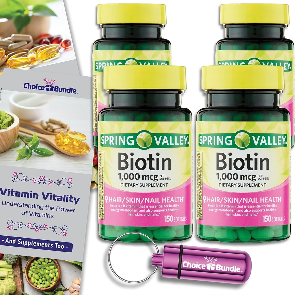 Wybór Bundle Spring Valley Biotin Softgels 1000mcg Suplement diety dla zdrowia paznokci skóry włosów 150 Ct 4 pk (600 Razem) + witamina Przewodnik i pojemnik na pióro (6 przedmiotów)!