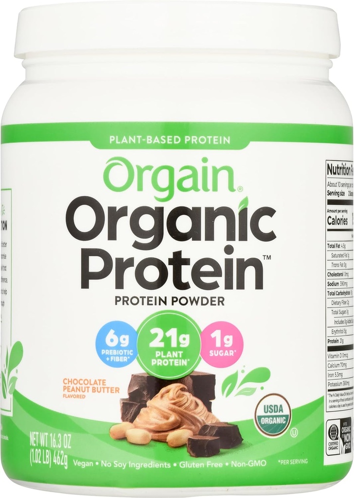 Orgain Organic Vegan Protein Powder, Czekoladowy masło orzechowe - 21g białka roślinnego na bazie, węglowodany niskonetto, Non Dairy, Gluten Free, Laktoza Free, Nie dodano cukru, Soy Free, Kosher, 1.02 Funt