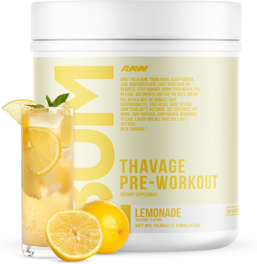 RAW pre Workout Powder, Thavage (Lemoniada) - Chris Bumstead Sports Nutrition Supplement for Men & Women - Cbum pre Workout for Workout, Hydration, Mental Focus & Energy - 40 Służenia