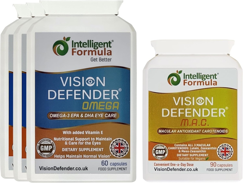 Vision Defender MAC & Omega Codziennie General Eye-Health Bundle (90 Dni dostaw). Suplement do oczu zawiera karotenoidy luteina, zeaksantynę, omega-3 (DHA, EPA). Made in UK by Eye Specialists