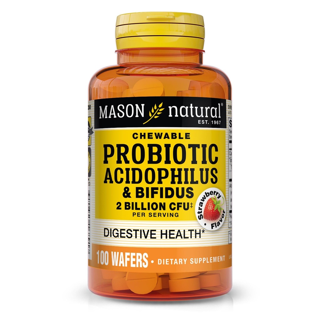 MASON NATURAL Probiotyczny Acidophilus z Bifidus, 50 Day Supply, Wspiera zdrową dietę normalną, Strawberry Flavor, 100 Wafers do żucia