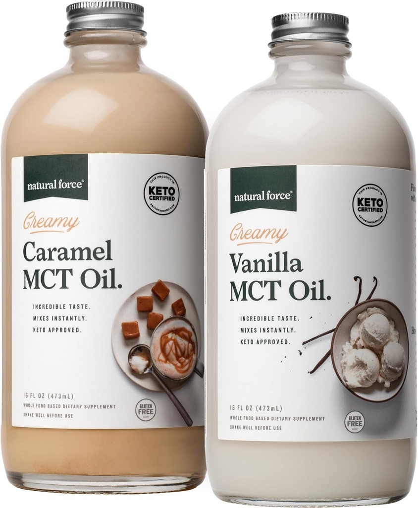 Natural Force Creamy Vanilla + Creamy Carmel MCT Oil Bundle - Gluten- Free, Non GMO, Emulsyfikacja aromatycznych MCTs z organicznych kokosów - Keto, Paleo i Vegan - 2x 16 Ounce szklanych butelek