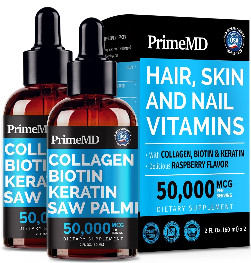 Liquid Collagen Peptydes for Women - Kompleks serum z witaminą biotin, hydrolizowanym białkiem keratyny i Saw Palmetto - Kompleksowa formuła dla włosów, skóry i paznokci Wellness - 2fl oz (Opakowanie 2)