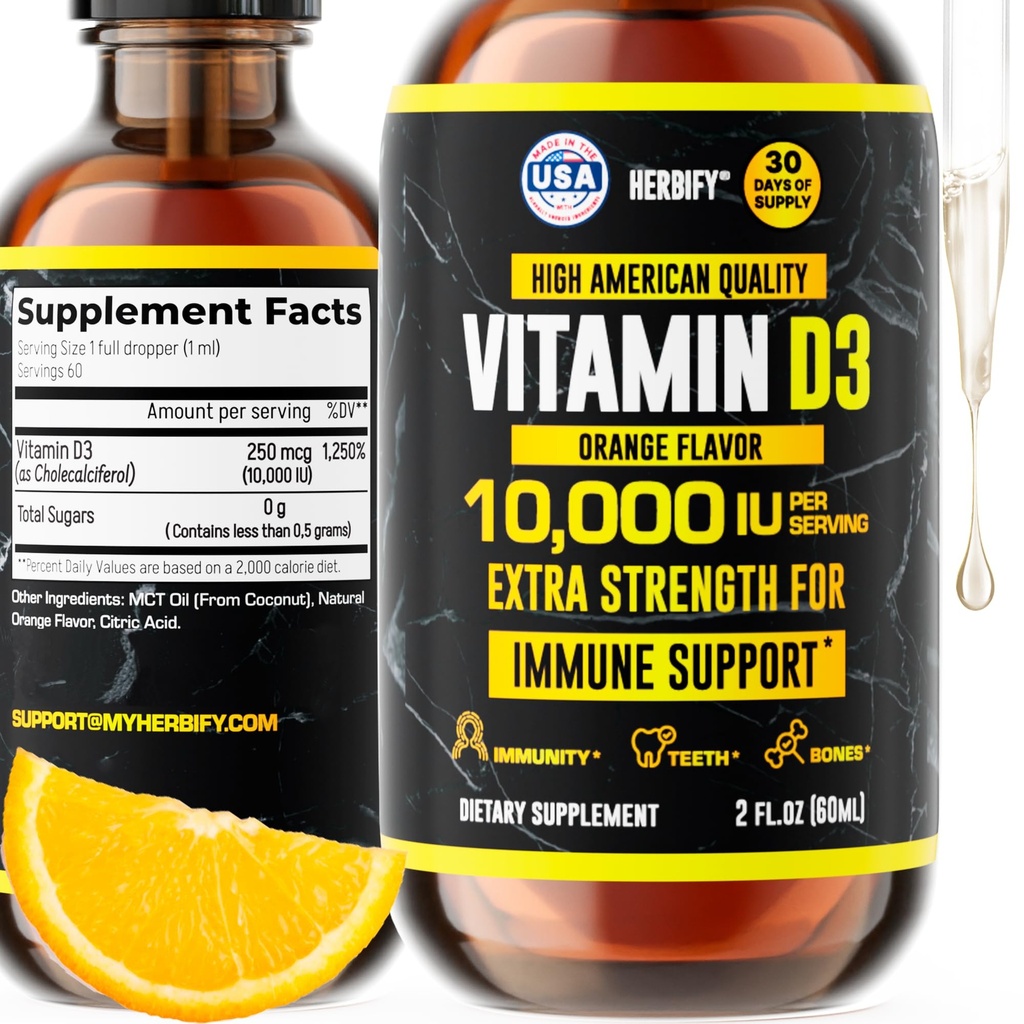HERBIFY Witamina D3 10000 j.m. - Wyprodukowane w USA Płynna Witamina D Krople - Siła kości i suplement wsparcia immunologicznego - Wymiana słoneczna - D3 Witamina Bone and Teeth Supplement - 2 Oz