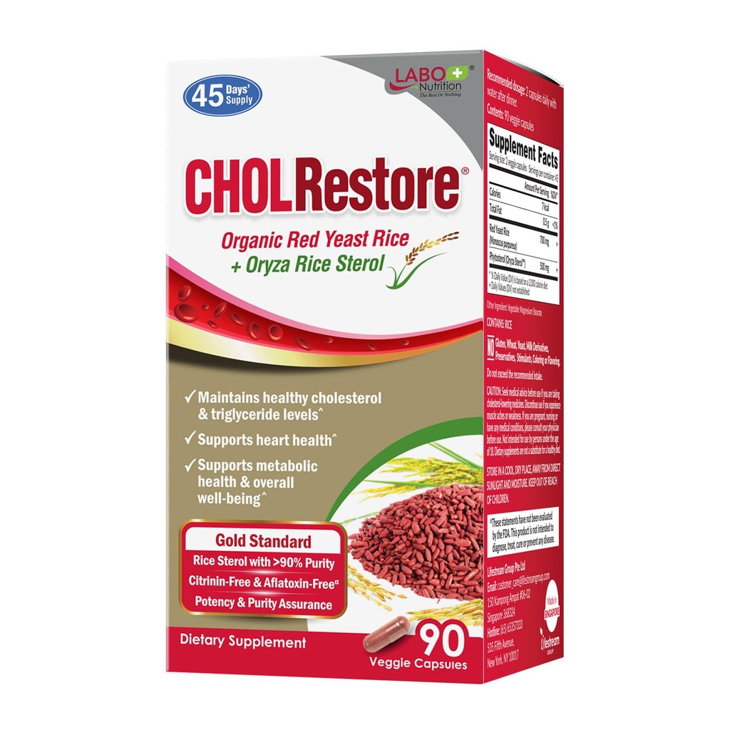 LABO Nutrition CHOLRestore - Czerwony Yeast Rice z fitosterolem Suplement zdrowia, Wspiera zdrowe Cholesterol Poziomy, Citrynina, Aflatoksyna & Soy Free, 90 Kapsułki wegetariańskie