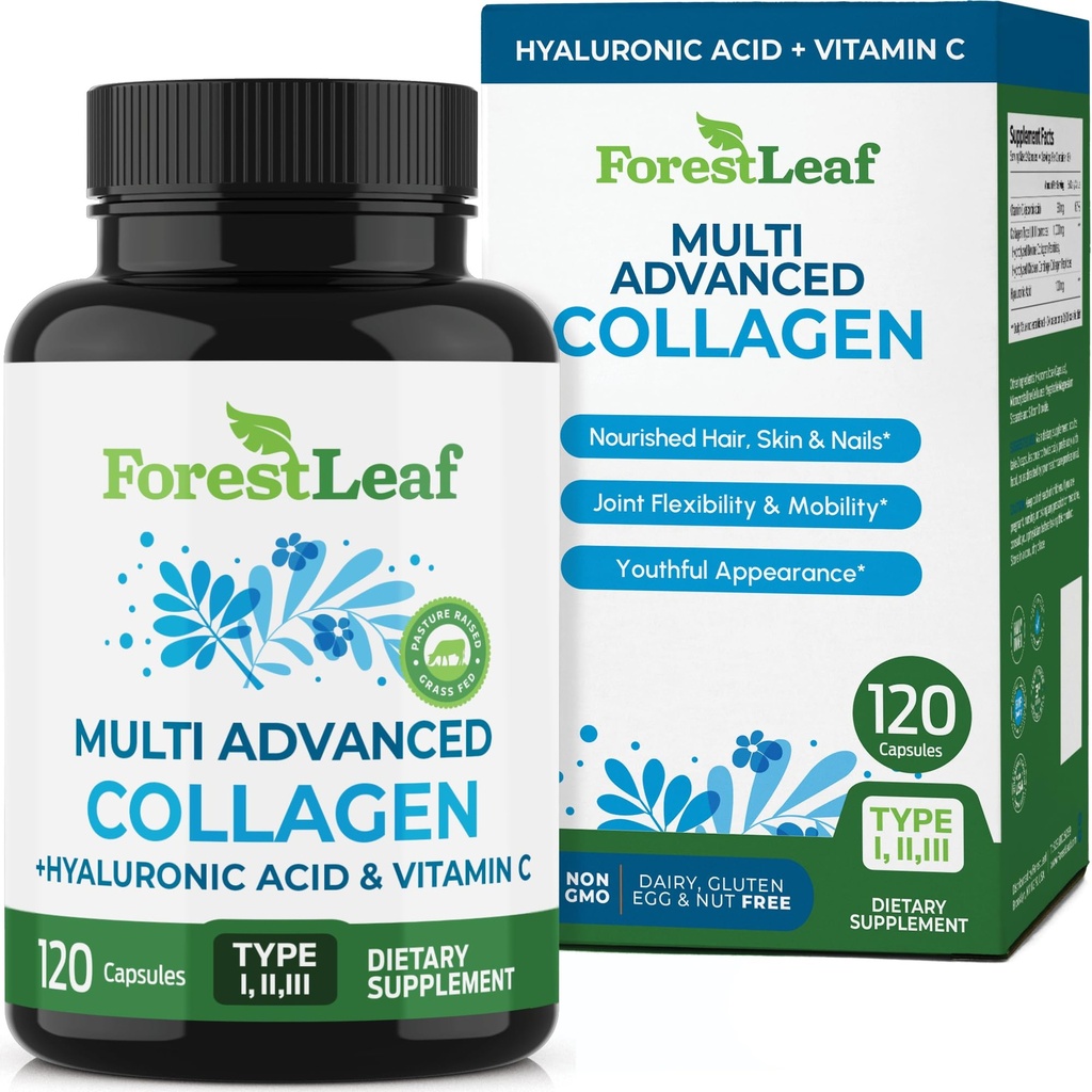 ForestLeaf Multi Collagen Pigułki z kwasem hialuronowym + witamina C 124; Zhydrolizowane Kolagen Suplementy dla kobiet lub mężczyzn 124; Multi Kolagen kapsułki Peptydy dla skóry, zmarszczki, 120 Czapki
