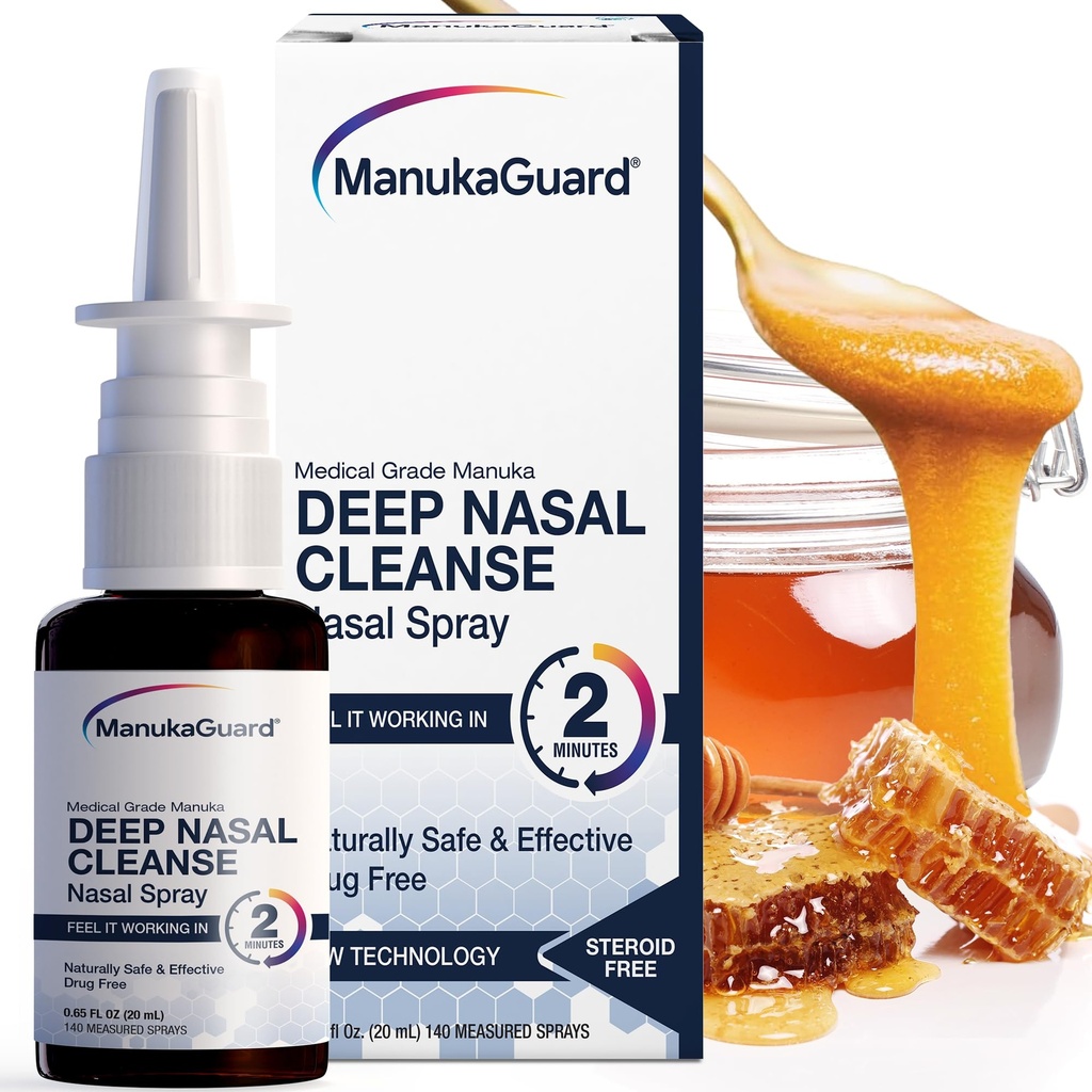 ManukaGuard Medical Grade Manuka Miód Naturalny Nasal Spray Saline Solution for Congestion Support, Sinus and Allergy Relief, Nasal Moisturizing, New Zealand Honey, MGO 600, 0,65 fl oz Bottle