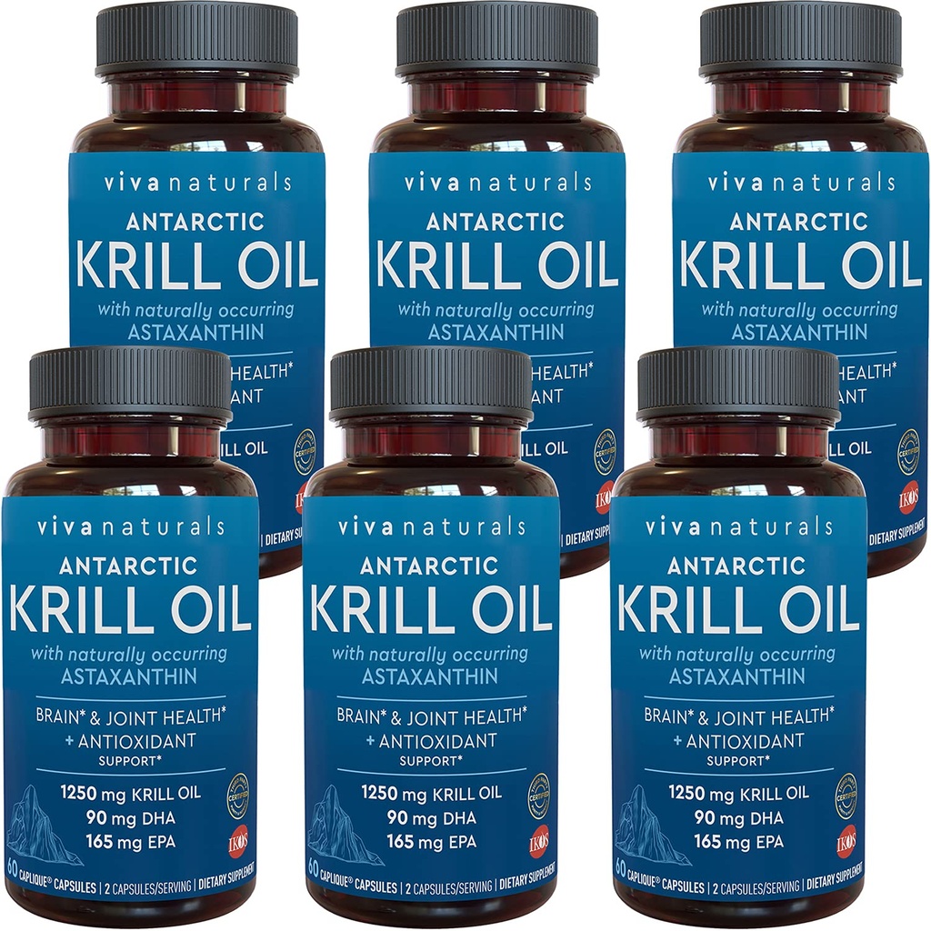 Viva Naturals Antarctic Krill Oil 1250 mg, Omega 3 EPA DHA i Astaksantyna, Joint Support and Brain Supplement with Antioksydant Properties, No Fishy Aftersmast (Pack of 6)