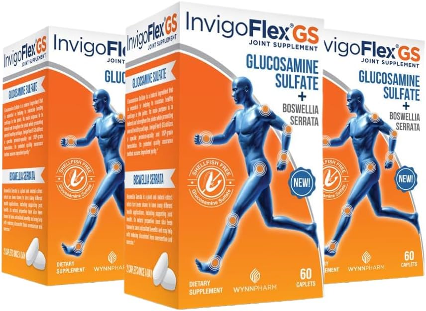 INVIGOFLEX siarczan glukozaminy (skorupiaki wolne, Sodu wolne i Vegetarian Safe) Nie GMO, Gluten wolny - z Boswellia Serrata - Premium Joint Supplement GS - 3 Pack