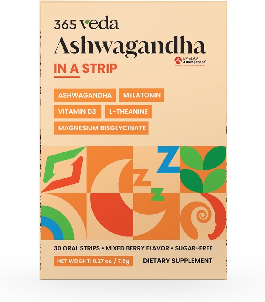 Aszwagandha Paski doustne 100 mg KSM 66 Aszwagandha, L- Theanina, Melatonina, Witamina D3 i Magnez, Wegan Strip for Men and Wolny od Cukru, Non-GMO, 30 Paski doustne (Berry)