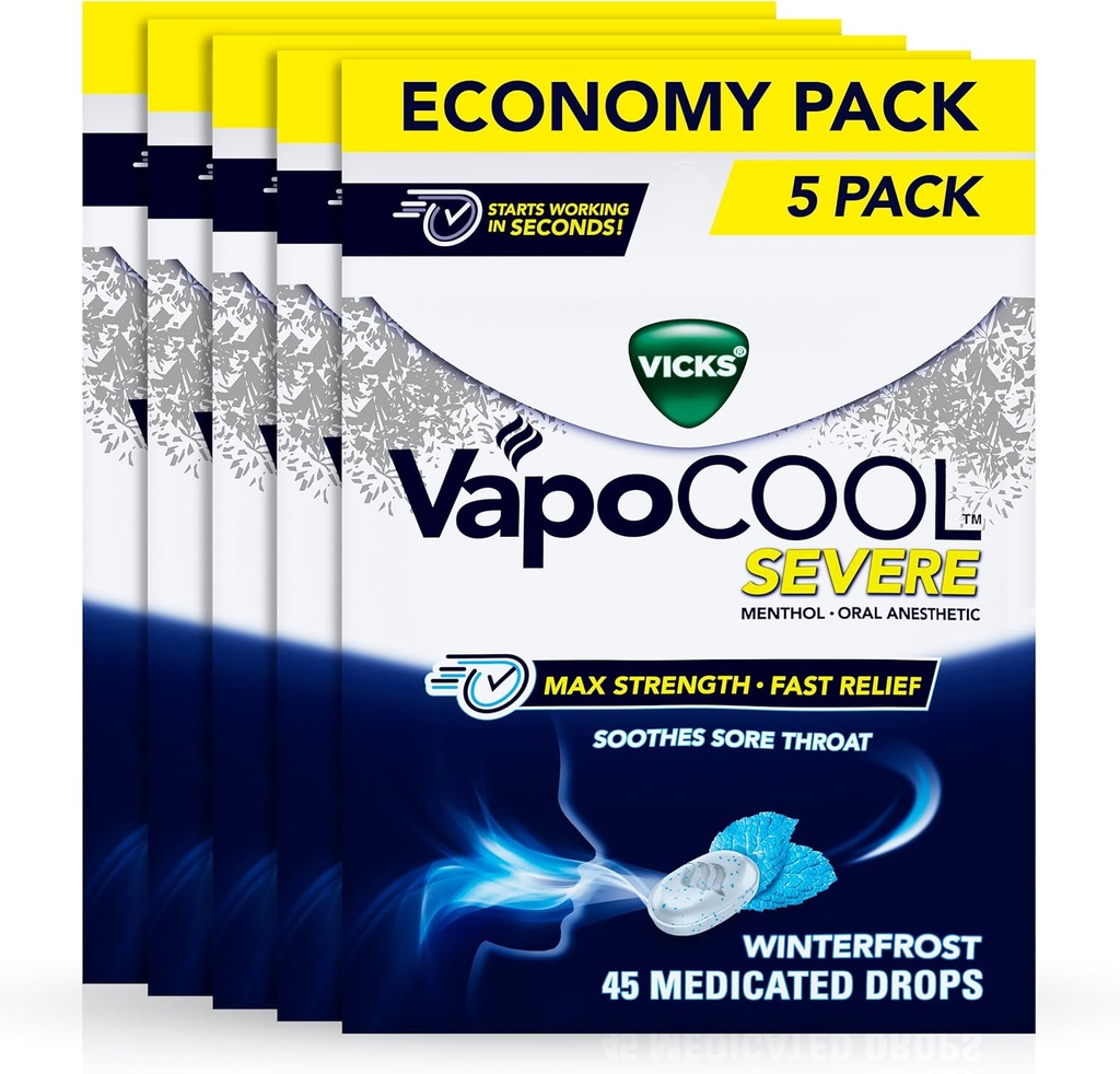 Ofiary VapoCool ciężkie bóle gardła krople, Max siła Menthol, łagodzi ból gardła ból ból, Winterfrost Flavor, 225ct (5- pack 45ct)