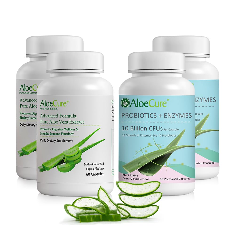 AloeCure Organic Aloe Vera kapsułki Pack - 4 kawałki - 2 x Aloe Vera kapsułki, 2 x Probiotyki + enzymy