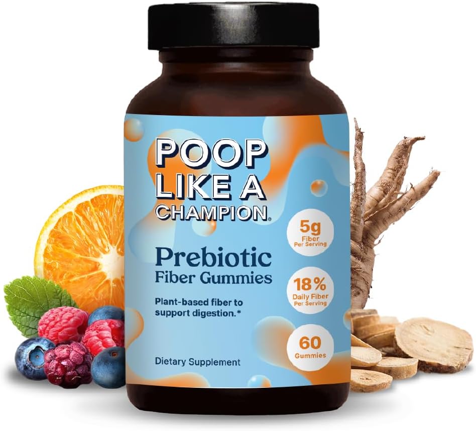 Poop Like a Champion Fiber Gummies - 5g Fiber per Serving, Non-GMO, Wegan, Pomocnictwo, 60 Kawałki na butelkę