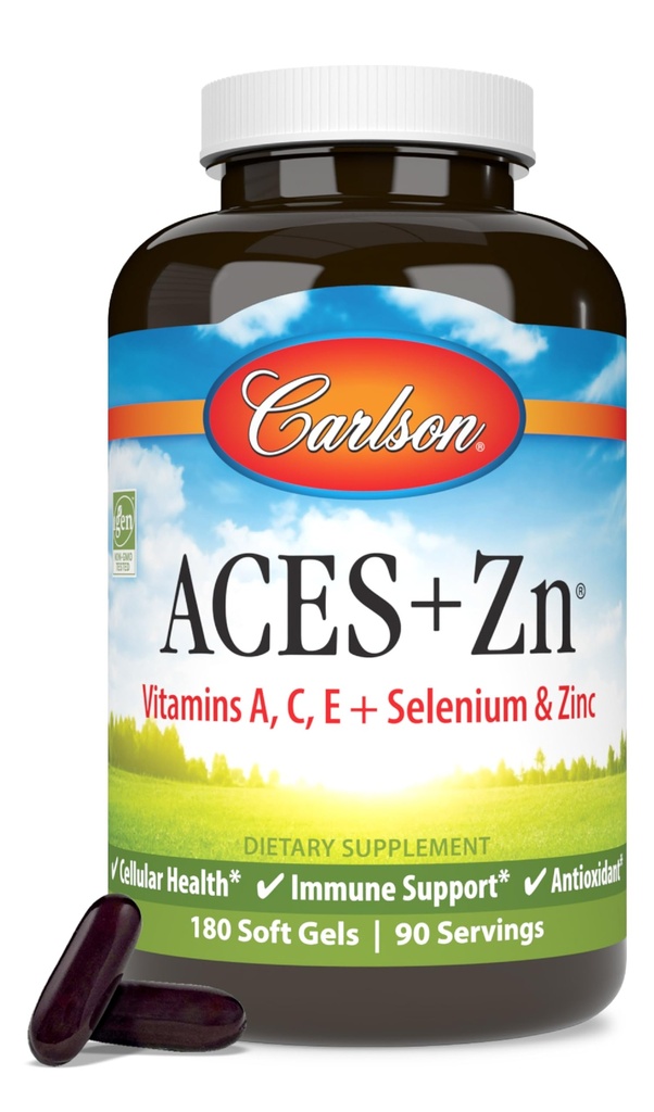 Carlson - ACES + Zn, Witaminy A, C, E + Selenium i cynk, Zdrowie komórkowe i wsparcie immunologiczne, Przeciwutleniacz, 180 Softgels