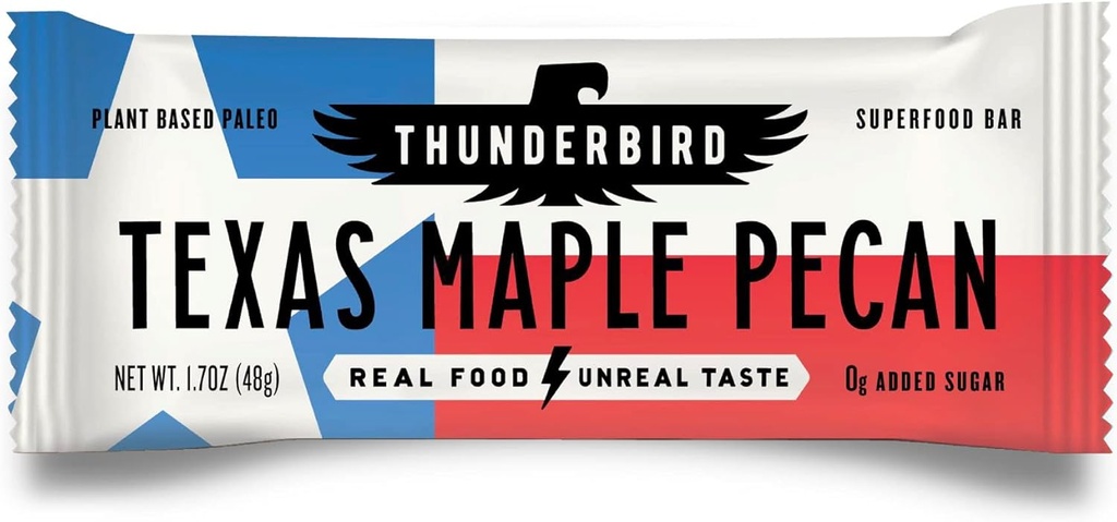 Thunderbird Bars Energy Snack, Gluten- Free z białkiem, Zdrowe prawdziwe jedzenie, Wegan Paleo Non-GMO, No Added Sugar, Texas Maple Pecan Flavor (12 Count, 1.7 oz. Bary)