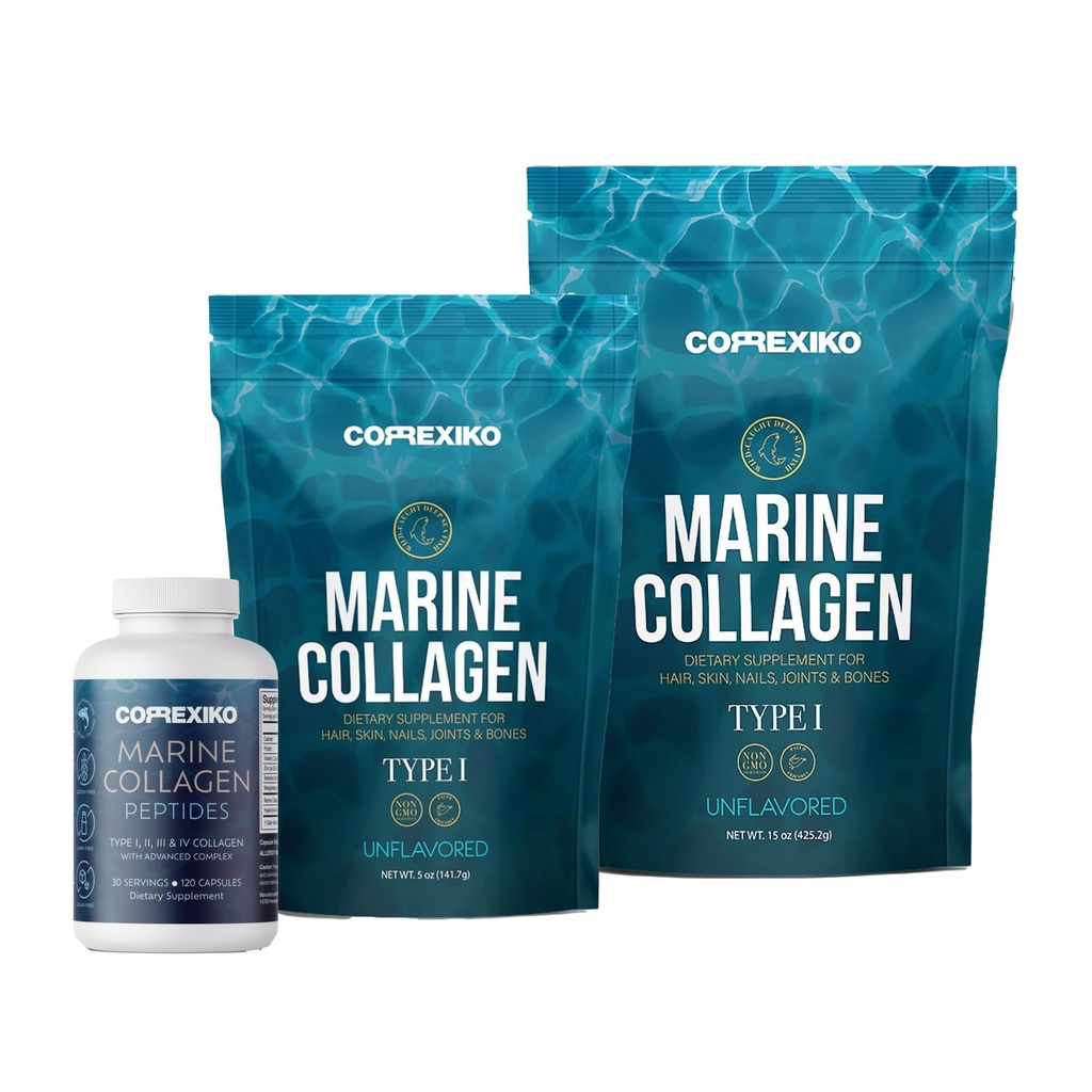 CORREXIKO Marine Collagen Supplement Pills & Powder Bundle - Zawiera 10,000mg podwójny hydrolizowany Collagen Proszek 15 oz & 5oz i 1800mg Collagen Peptydes 120 Kapsułki - do włosów, skóry i paznokci