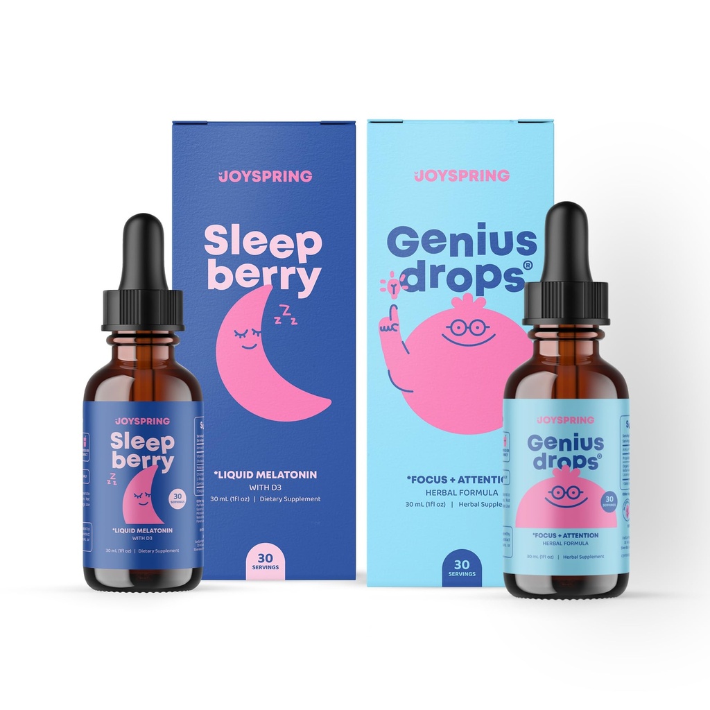 JoySpring Genius Drops Suplement mózgu i SleepBerry Melatonina dla wsparcia snu dla dzieci