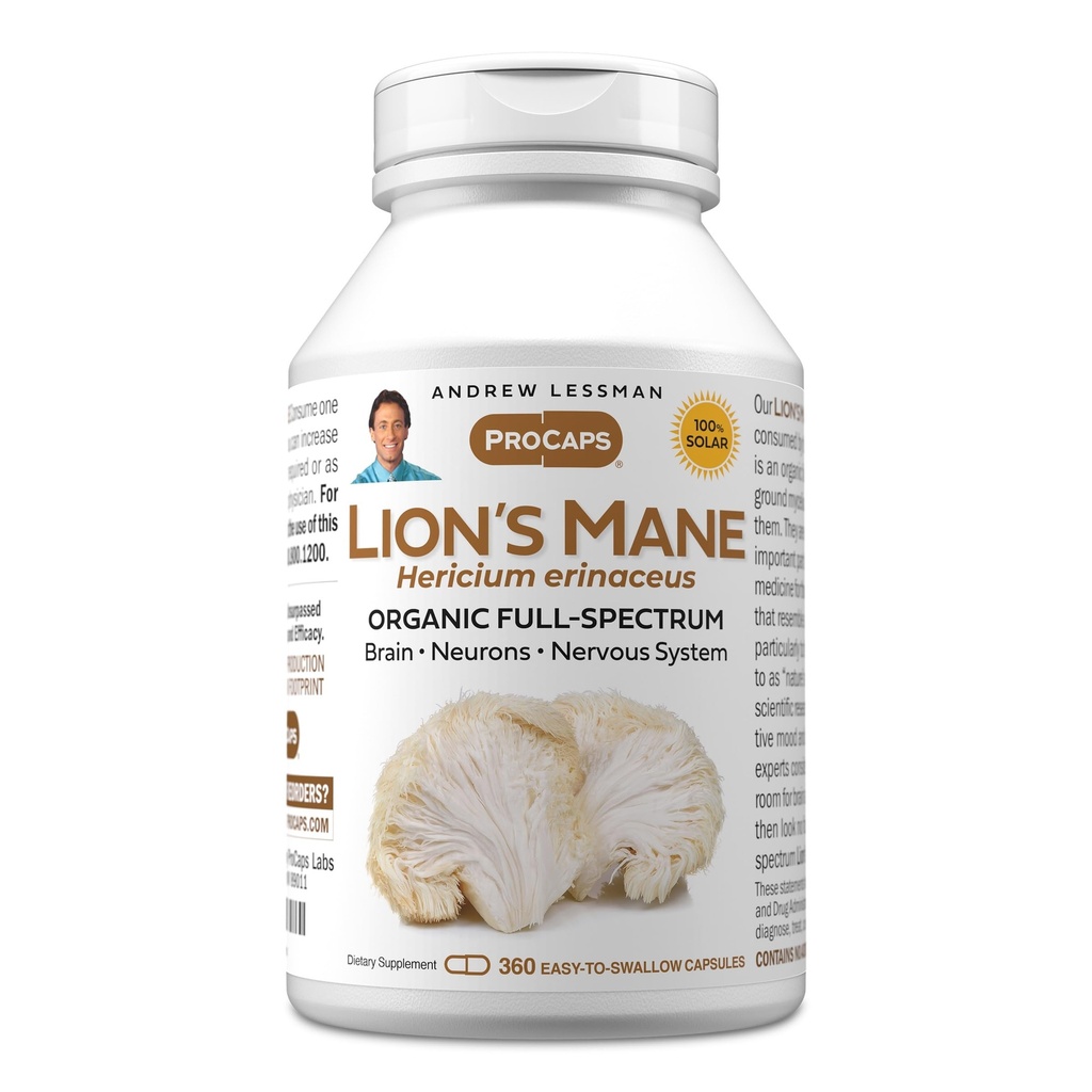 ANDREW LESSMAN Lion 's Mane 360 Kapsułki - Organic Full Spectrum Lion' s Mushroom Extract - Pomaga zdrowy mózg, Cognitive, i funkcji układu nerwowego - Brak dodatków.