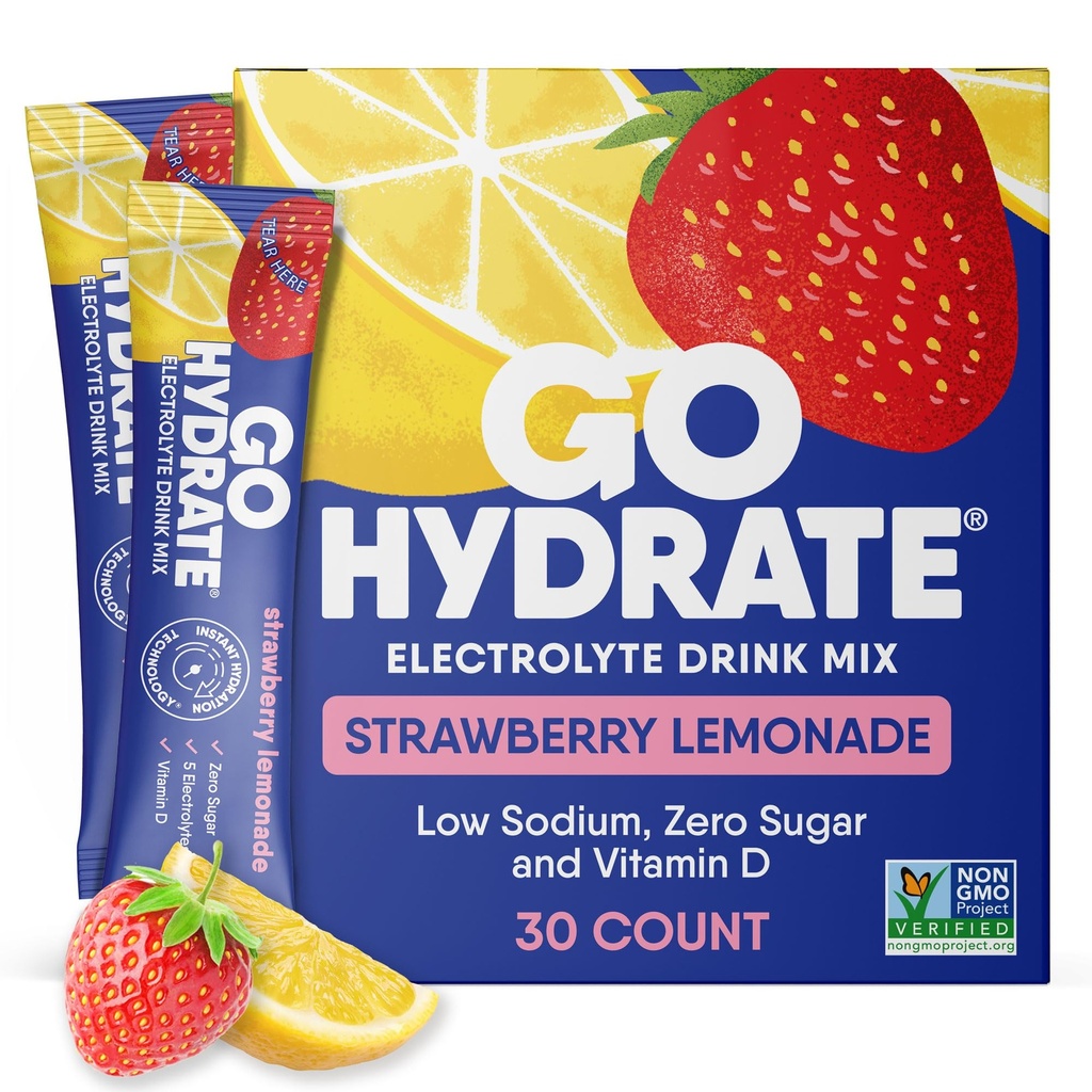 GoHydrate Niski poziom elektrolitów sodu w proszku Pakiety cukrowe - Natychmiastowa Hydration Daily Drink Mix - Zero Sugar Water Flavor Packet Singles z witaminą D - (Lemoniada truskawkowa, 30 opakowań)