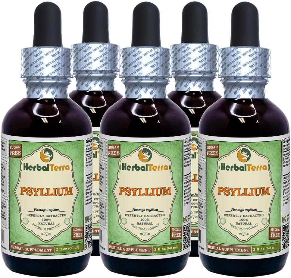 Prelium (Plantago Ovata) Glicerite, Organic Dried Husk Free Liquid Extract (Nazwa marki: HerbalTerra, Proudly Made in USA) 5x2 fl.oz (5x60 ml)