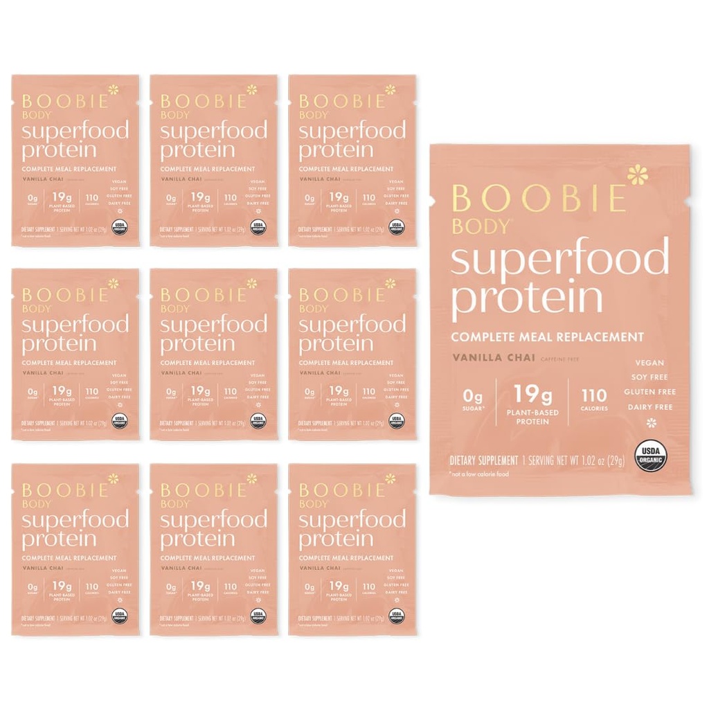 Boobie Body Superfood Protein Meal Replacement Shake, Vanilla Chai Flavor Xi124; 19g Protein Xi124; Safe For Night, Lactation, & Maciehood Xion124; Organic, Vegan, Zero Sugar, 10 pojedynczych pakietów serw (1.02 oz każdy)