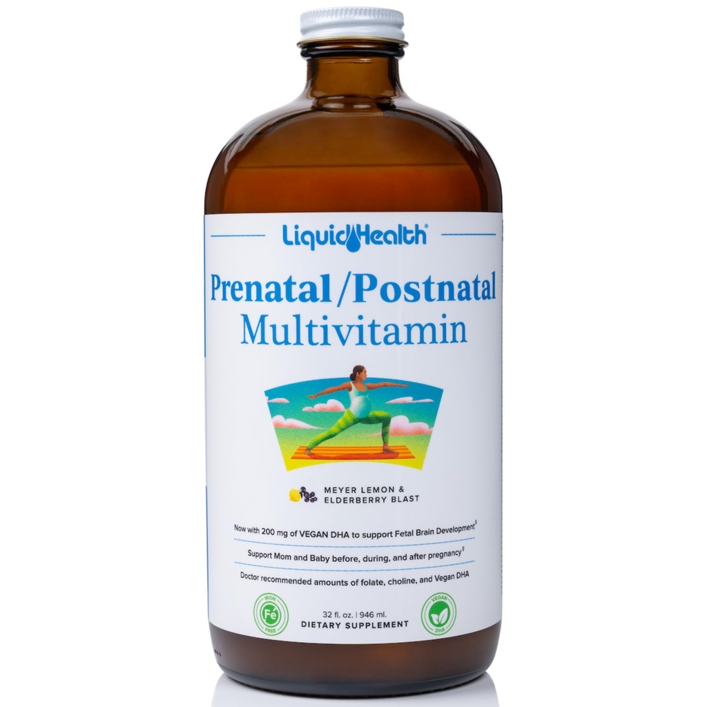 LIQUIDHEALTH Prenatal / Poponatalne Multiwitamina wielu płynnych kobiet z prawdziwym folianem - Witaminy przed- i poporodowe na przed, W trakcie, Po ciąży - Made in USA, Wegan, Sugar- Free, Non-GMO (32 oz)