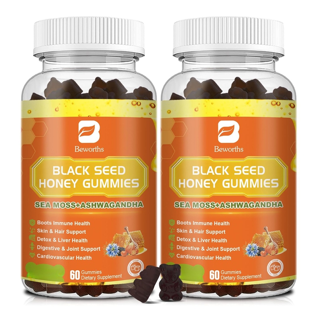 (2 Pack) Black Seed Oil Moss Gummies z Ashwagandha, Burdock Root, Miód Linden, Elderberry, Turmeric, Witamina C, D3 & Cynk - Wspiera odporność, Łączenie, Pokarm, Włosy i Skóra, Wegańskie Gummies 120