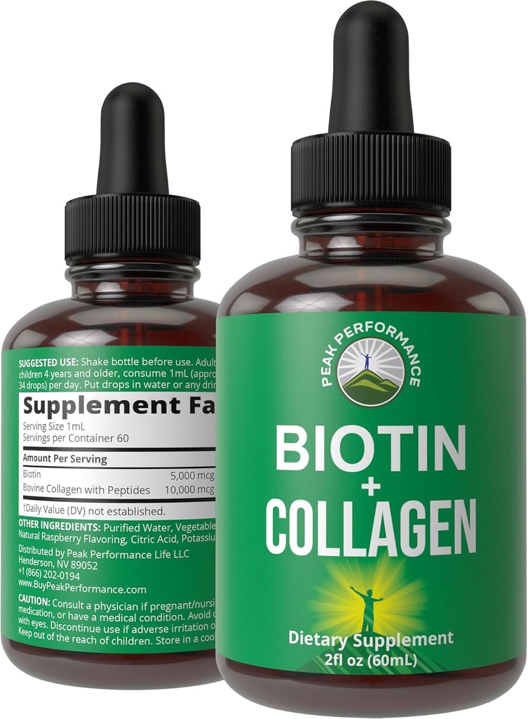 Liquid Collagen dla kobiet i mężczyzn z biotyną. Zaawansowane 2- in-1 krople doustne dla wzrostu włosów, skóry i paznokci. 10 000 µg zderzaka bydlęcego Peptydów + 5 000 µg Biotin. Bez glutenu, bez dodatku cukru
