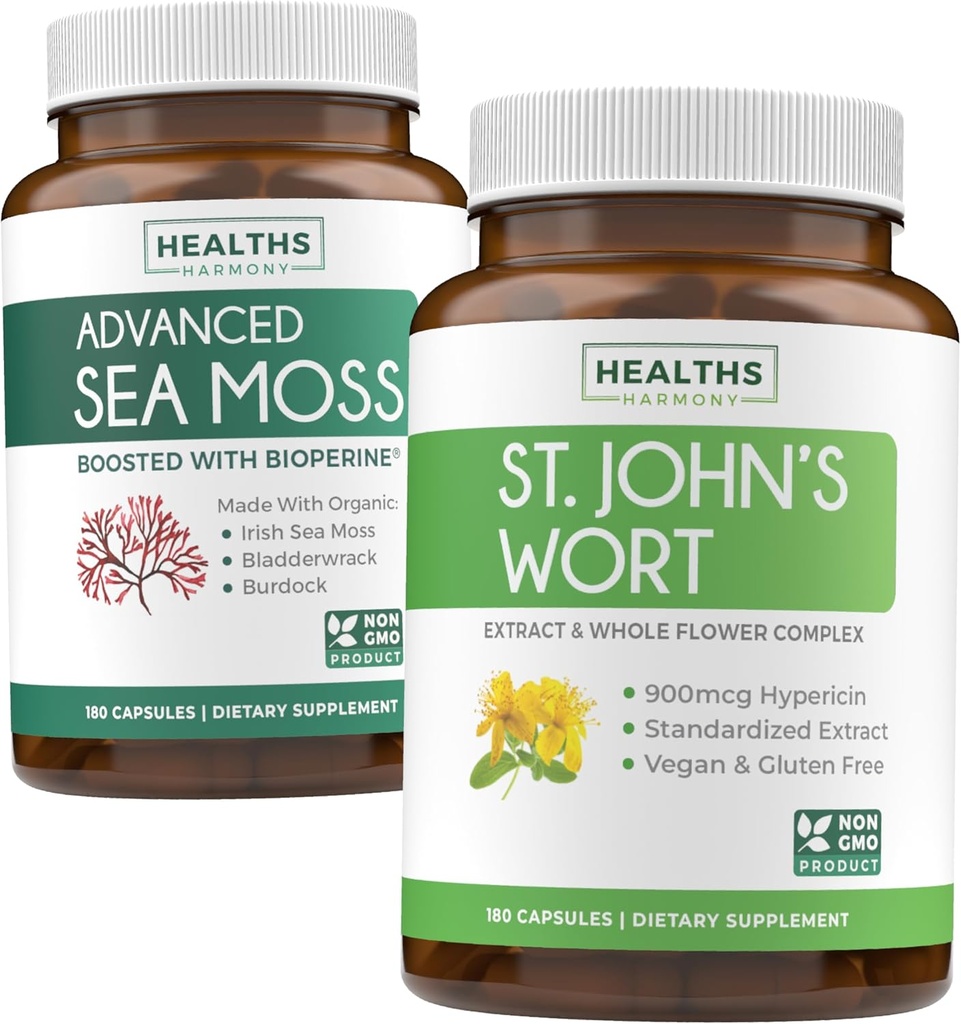 Sea Moss & St. John 's Wort (2- Month Supply) Mood Moss Blend - Organic Irish Sea Moss - Raw Vegan Supplement (180 Caps) & St John' s Wort with Powerful 900mcg Hypericin Vegan Non-GMO (180 Capsules)