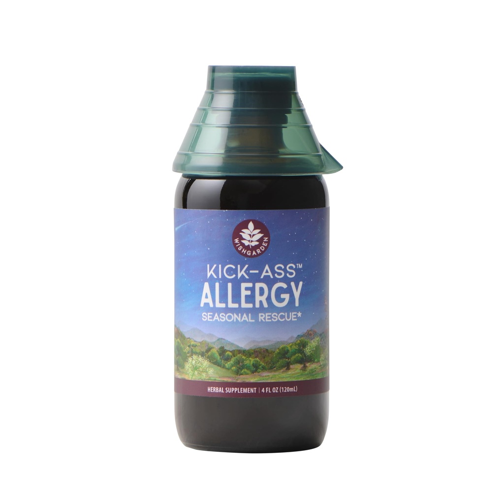 WishGarden Herbs Kick- Ass alergy - Plant- Based Non- Drowsy Herbal Allergy Supplement z Nettle Leaf, Echinacea, & Yerba Santa, Wspiera zdrową reakcję histaminy na sezonowe drażniące, 4oz