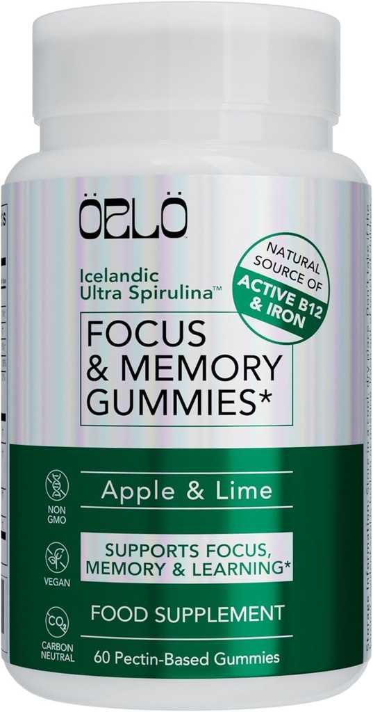 Orlo Focus & Memory Gummies - Suplement nootropowy dla dorosłych z grzywą lwa, L- Theaniną, fosfatydylseryną, Spiruliną, Witaminą B6 i B12 Methylcobalamina (60 Gummies)