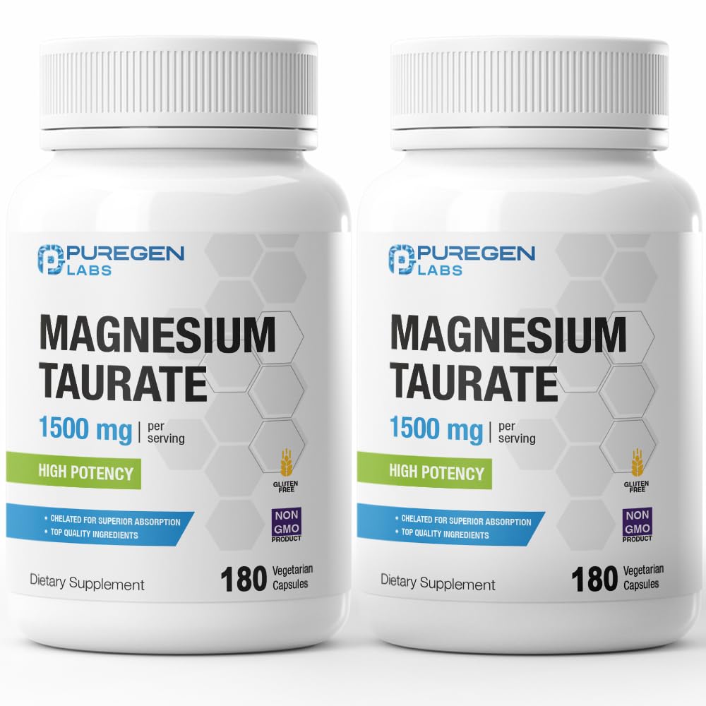 Puregen Labs Magnezu Taurate 1500mg per Serving [Wysoka potencja] Razem 360 Veggie Caps, Chelated for Superior Absorption, Non-GMO, NO gluten and Dairy Bird124; Made in USA
