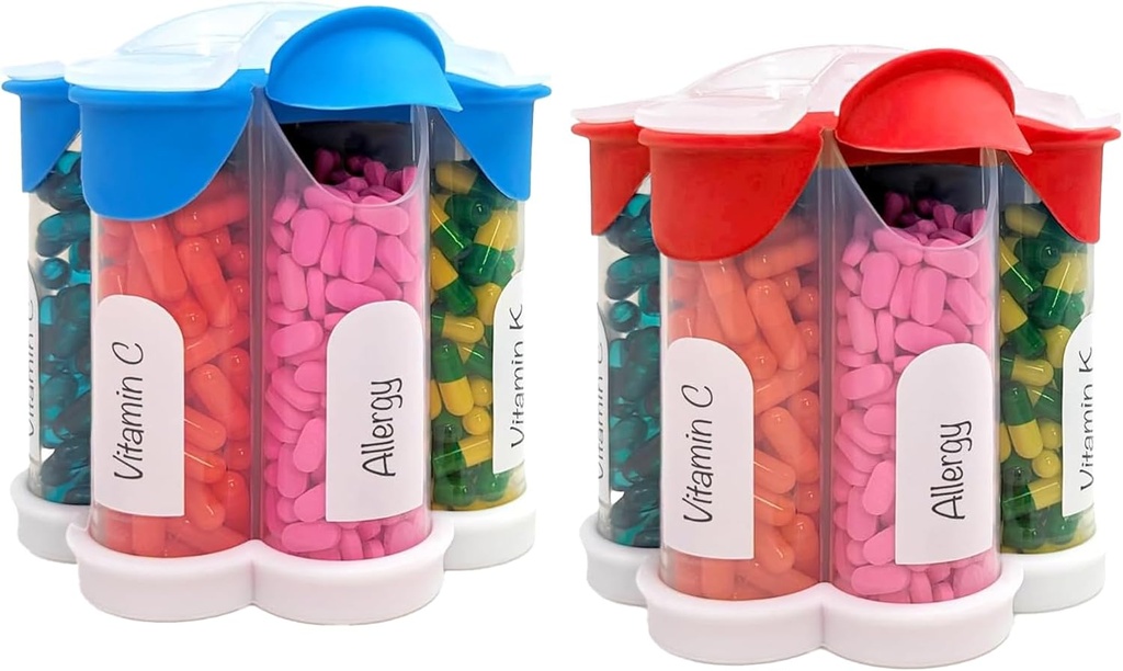 Extra Duży Pill Organizator Codziennie, Tygodniowy, Miesięczny Suplement Butelka, Cute Blossom Pill Dispenser z 7 XL Komory (2 Pack Combo) (Jasnoniebieski i czerwony)