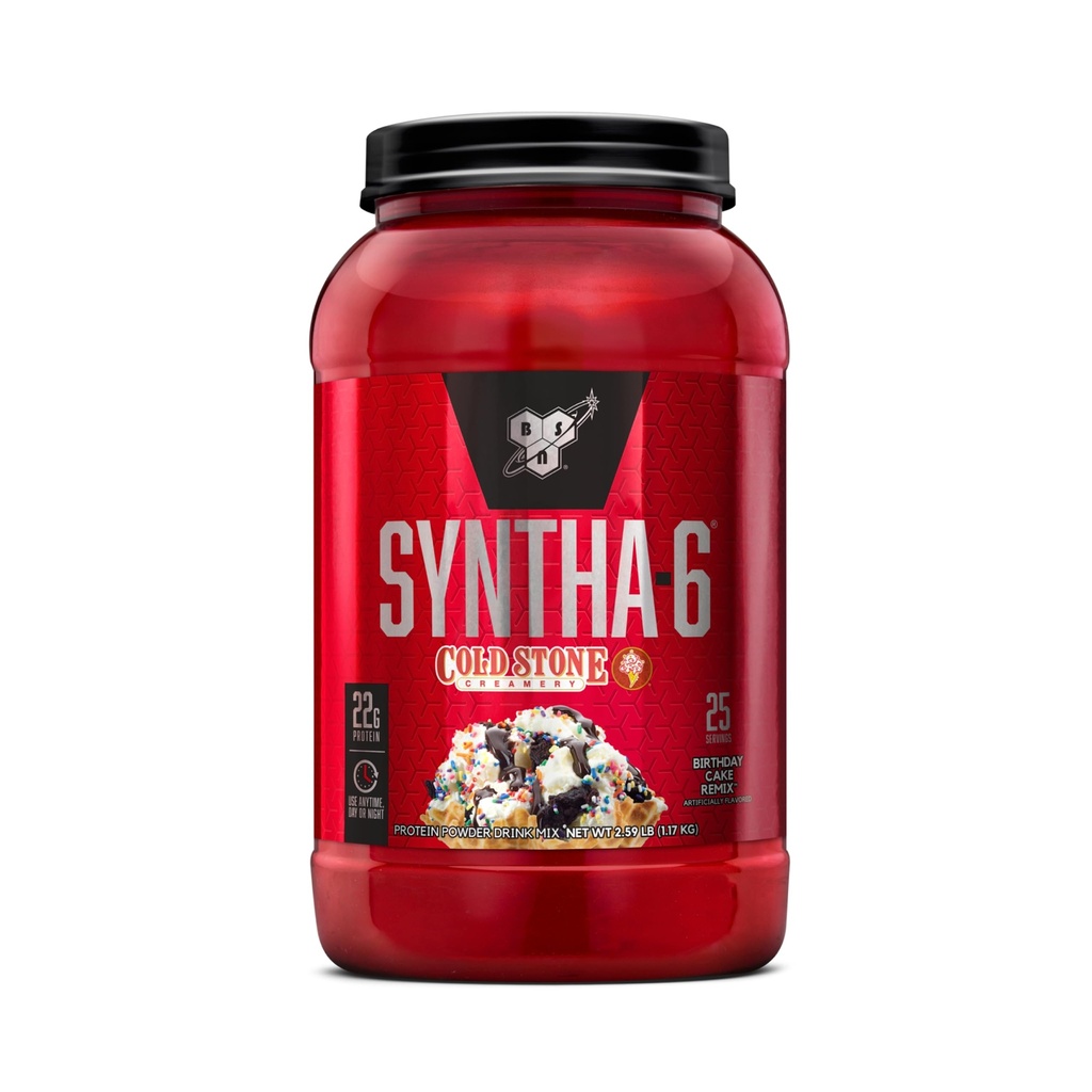 BSN Syntha- 6 Proszek z białka serwatki, Creamery Cold Stone - Tort urodzinowy Remix Flavor, Kazeina mikrokrystaliczna, Proszek z izolatu białka mleka, 25 Służenie