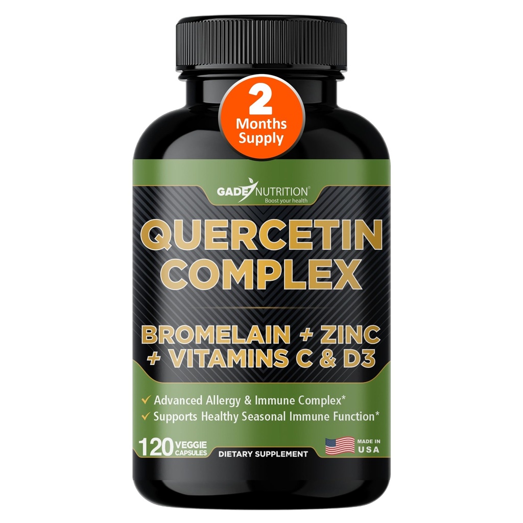 Gade Nutrition Organic Quercetin z Bromelain Witamina C i Cynk 124; Suplement wsparcia immunologicznego Quercetin 500mg kapsułki 124; Bioflavonoids Made in USA
