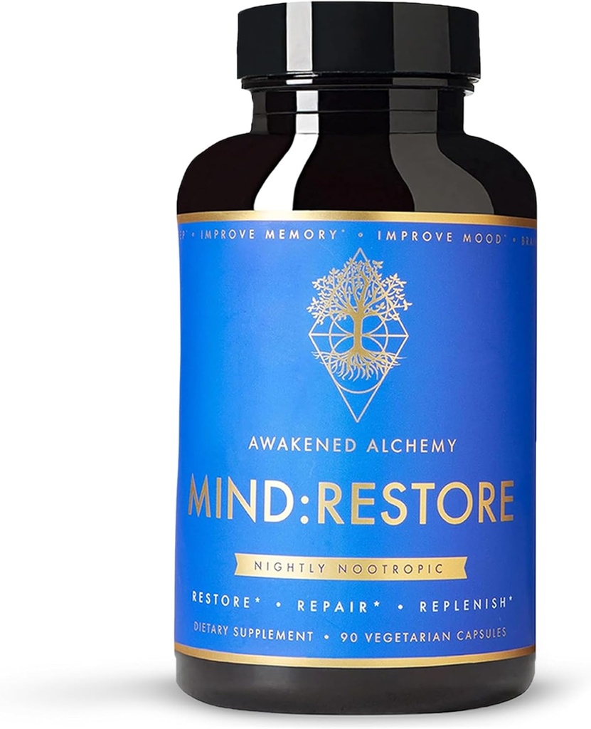 MIND: RESTORE Premium Nighttime Nootropic Supplement Adrenance 124; Brain Nutrition for Memory and Sleep Adrenation 124; 9 Premium Ingredients Adrenary 124; L Theanine Lions Mane Choline Magnez L Threonian Witamina B6 Bacopa Monnieri