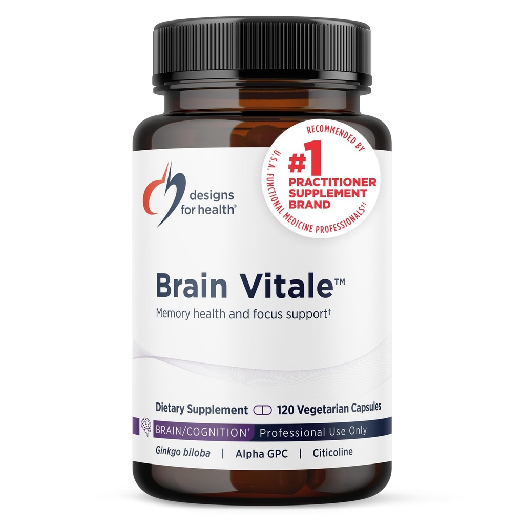 Designs for Health Brain Vitale with Cognizin Citicoline - 'Nootropic' Supplement to help Support Cognition, Mood + Memory with GPC Choline, Ginkgo + Acetyl L Carnitine HCL (120 kapsułki)