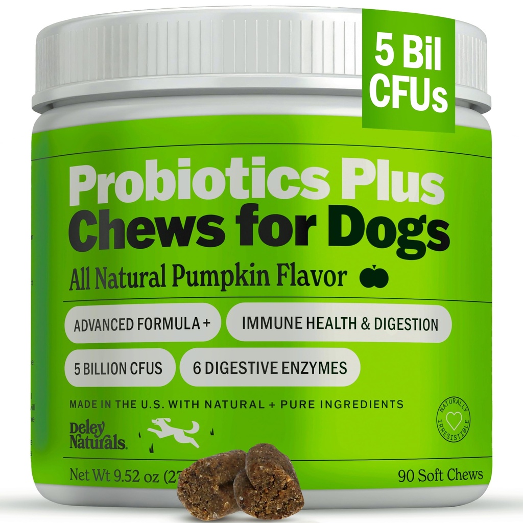 Deley Naturals Probiotics Plus żucia dla psów, Gut Health Supplement, 5 Billion CFU 's, Digestive Enzymes, Prebiotyki, Pies alergie, Biegunka, Yeast, Dynia Flavor, 90 Hrabia - Made in USA