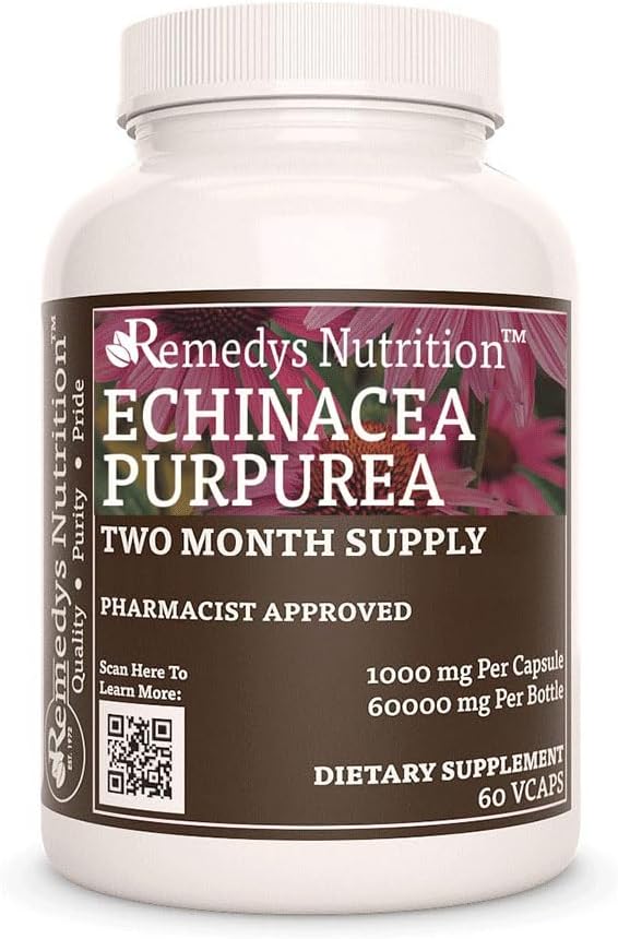 Żywienie Remedy Echinacea 124; 1000 mg, 60 Kapsułek Wegańskich Ziołowych Suplement diety 124; Dwa miesiące Dostawy