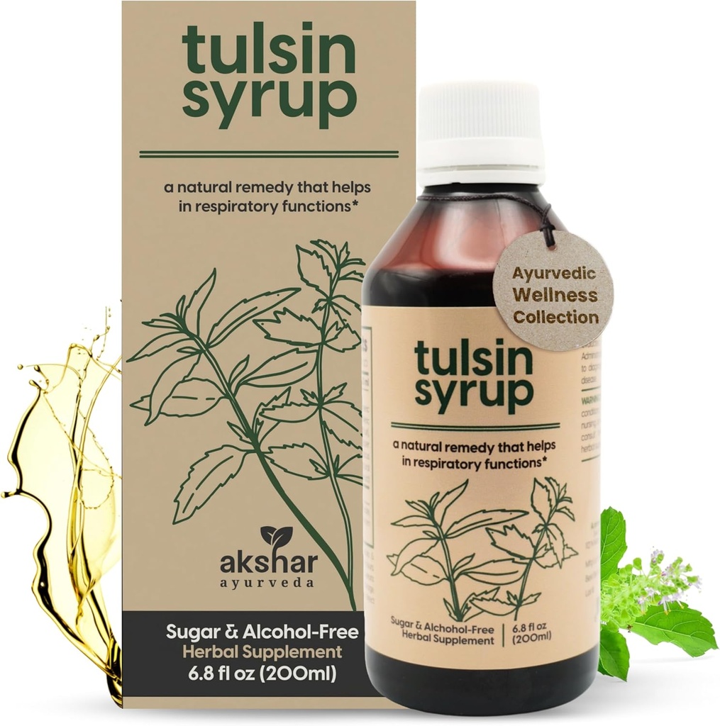 AKSHAR Ayurveda - Syrop Tulsin, Naturalny Syrop Kaszlowy z Licorice, Ginger, Turmeric, Basil, Malabar Nut - Suplementy oddechowe Lung, Mucus Relief & Bronchial Wellness Syrop (6.8 fl oz)