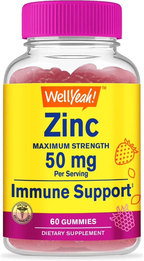 WellYeah Gummies cynku 50 mg - Wspiera zdrową funkcję immunologiczną i przeciwutleniacz Zdrowie - Naturalny aromat jagodowy - bez glutenu, bez GMO- Gummy suplement diety do żucia - 60 Gummies